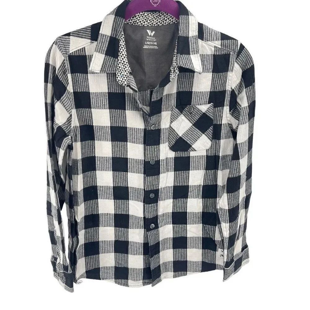 Shaun White Boys Button Down Shirt Checked Cotton Long Sleeve Blue 12-14 Large